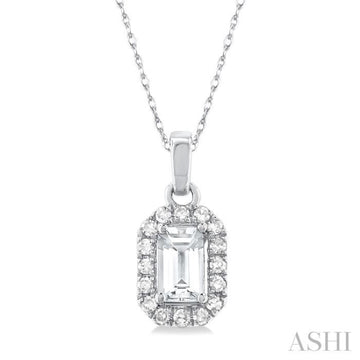 5x3 MM Octagonal Shape White Topaz and 1/20 Ctw Single Cut Diamond Halo Semi-Precious Pendant with Chain in 10K White Gold